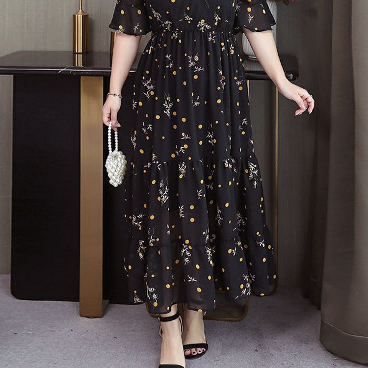 極美品 【TELMA】 夜景柄プリントシフォンワンピース 大きいサイズ レディース 花柄ティアードシフォンワンピース goldy