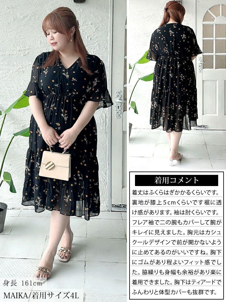 大きいサイズ レディース 花柄ティアードシフォンワンピース　goldy-1340