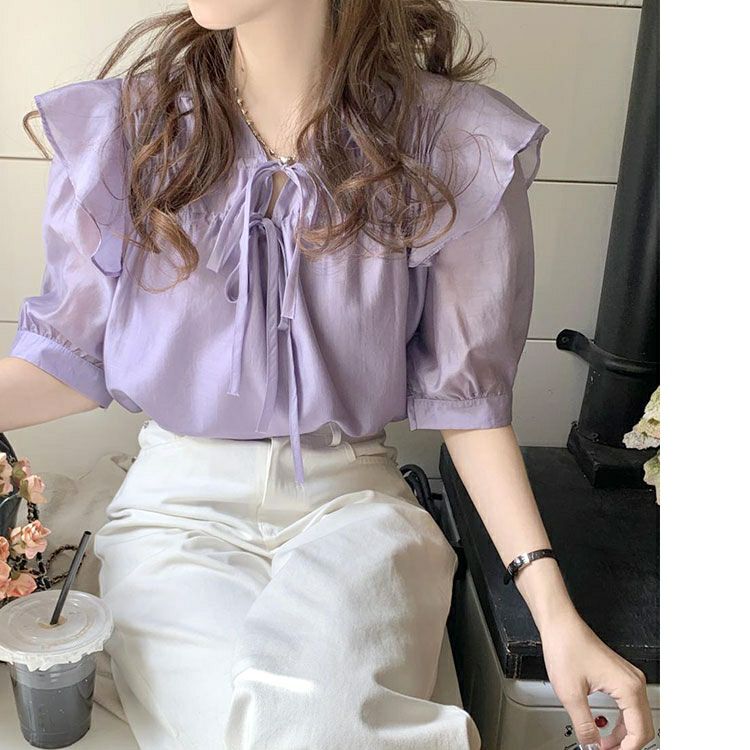 大きいサイズ レディース ダブルリボンフリルシアーブラウス　goldy-1309 【ゆうパケット可】