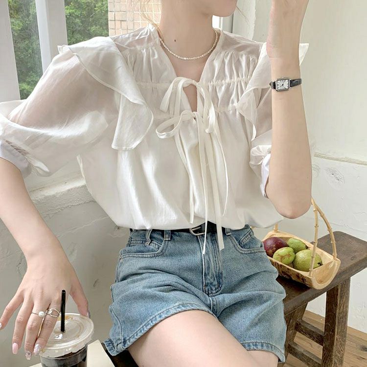 大きいサイズ レディース ダブルリボンフリルシアーブラウス　goldy-1309 【ゆうパケット可】