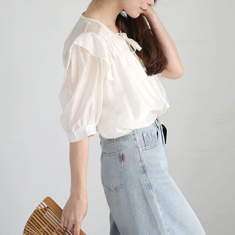 大きいサイズ レディース ダブルリボンフリルシアーブラウス　goldy-1309 【ゆうパケット可】