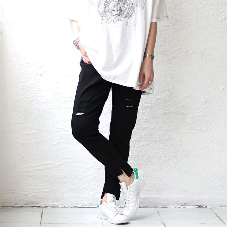 大きいサイズ レディース ダブルボタンダメージスキニーパンツ　goldy-1333 【メール便可】