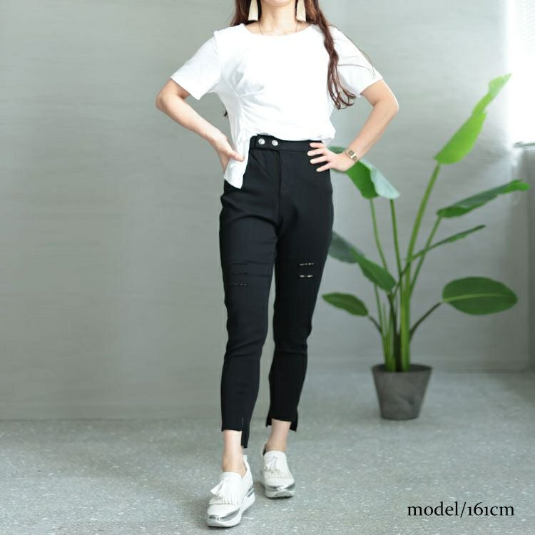 大きいサイズ レディース ダブルボタンダメージスキニーパンツ　goldy-1333 【メール便可】