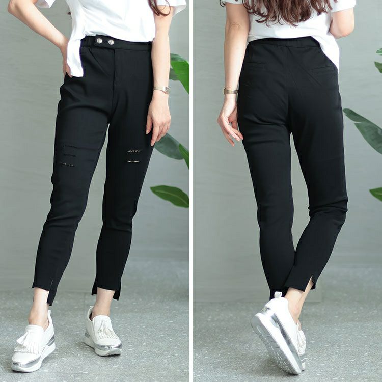 大きいサイズ レディース ダブルボタンダメージスキニーパンツ　goldy-1333 【メール便可】