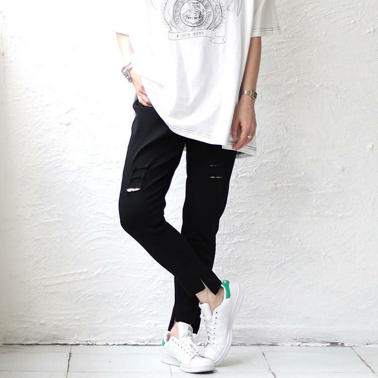 大きいサイズ レディース ダブルボタンダメージスキニーパンツ　goldy-1333 【メール便可】 ブラック