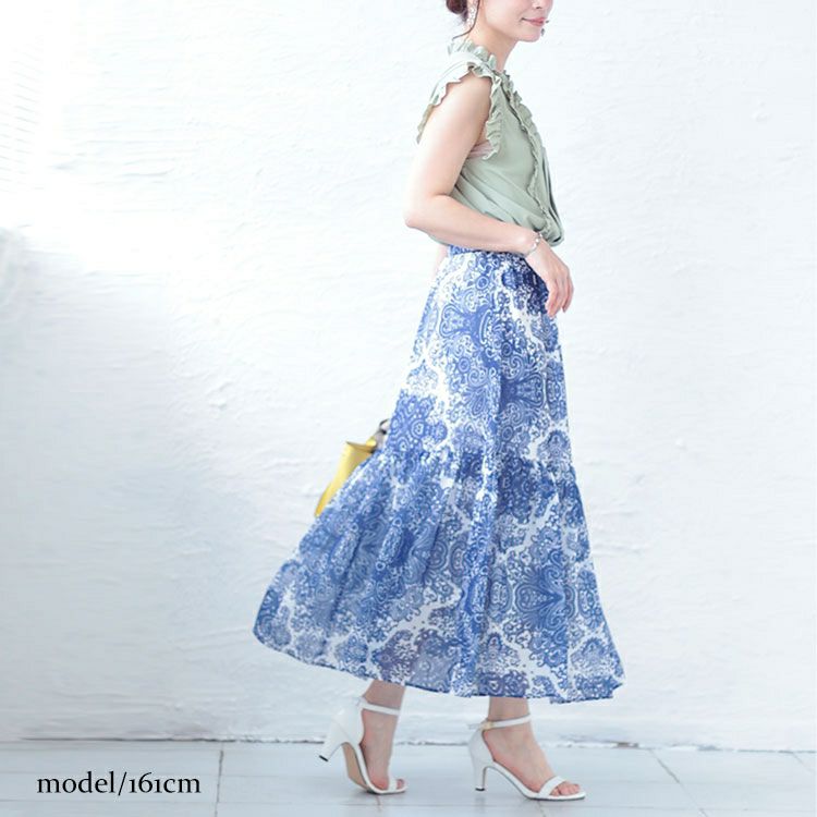 大きいサイズ レディース ダマスク柄ティアードロングスカート　jp479