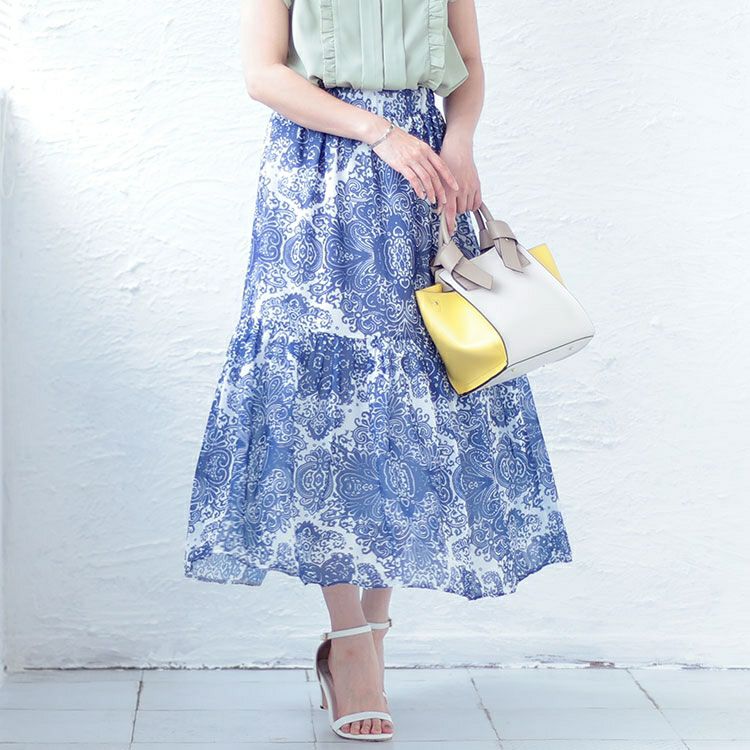 大きいサイズ レディース ダマスク柄ティアードロングスカート　jp479