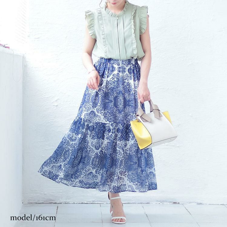 大きいサイズ レディース ダマスク柄ティアードロングスカート　jp479 ブルー