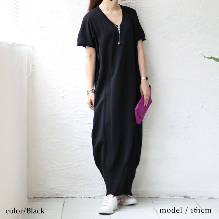 大きいサイズ レディース VネックIラインロングニットワンピース　sw-0550