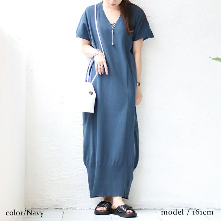 大きいサイズ レディース VネックIラインロングニットワンピース　sw-0550