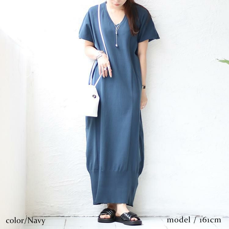 大きいサイズ レディース VネックIラインロングニットワンピース　sw-0550 ネイビー