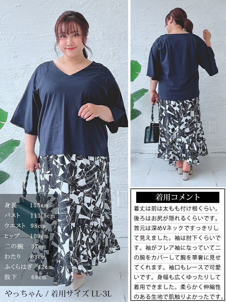 大きいサイズ レディース レースフレアスリーブVネックトップス　wk-0331