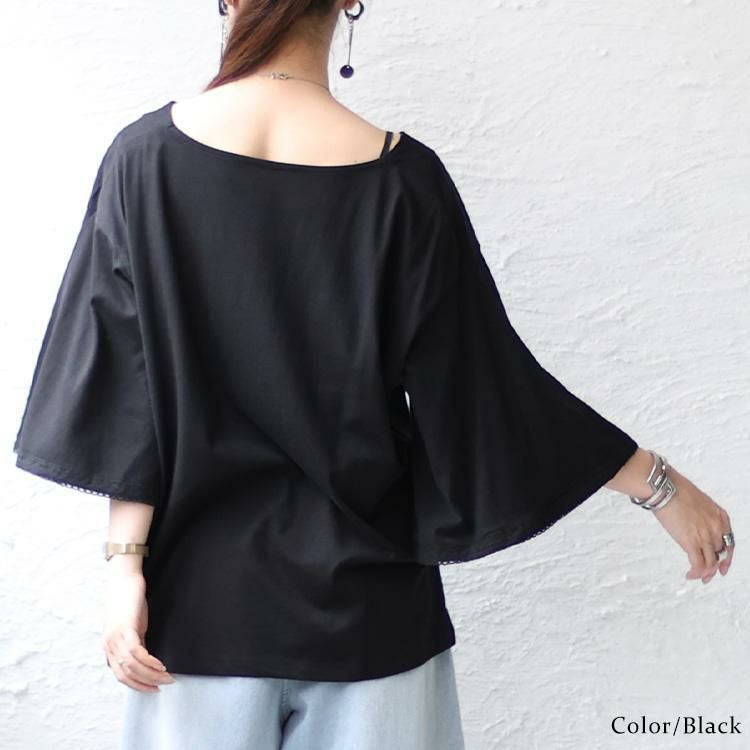 大きいサイズ レディース レースフレアスリーブVネックトップス　wk-0331 ブラック