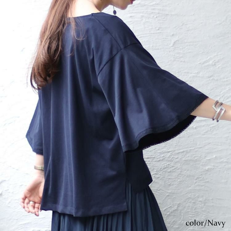 大きいサイズ レディース レースフレアスリーブVネックトップス　wk-0331 ネイビー