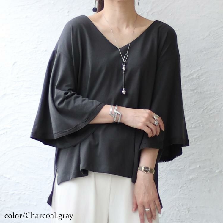 大きいサイズ レディース レースフレアスリーブVネックトップス　wk-0331 チャコールグレー