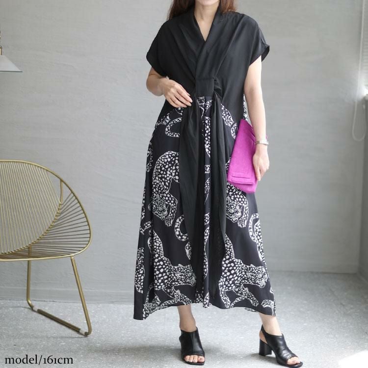 大きいサイズ レディース ヒョウ柄切替えデザインワンピース　goldy-1353 【ゆうパケット可】 ブラック