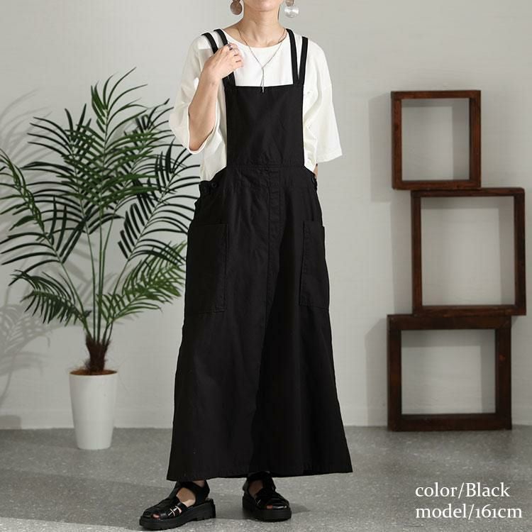 大きいサイズ レディース ツイルエプロンサロペットスカート　wc-0296 ブラック