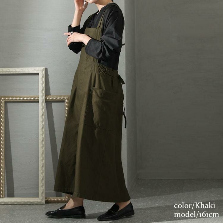 大きいサイズ レディース ツイルエプロンサロペットスカート　wc-0296 カーキ