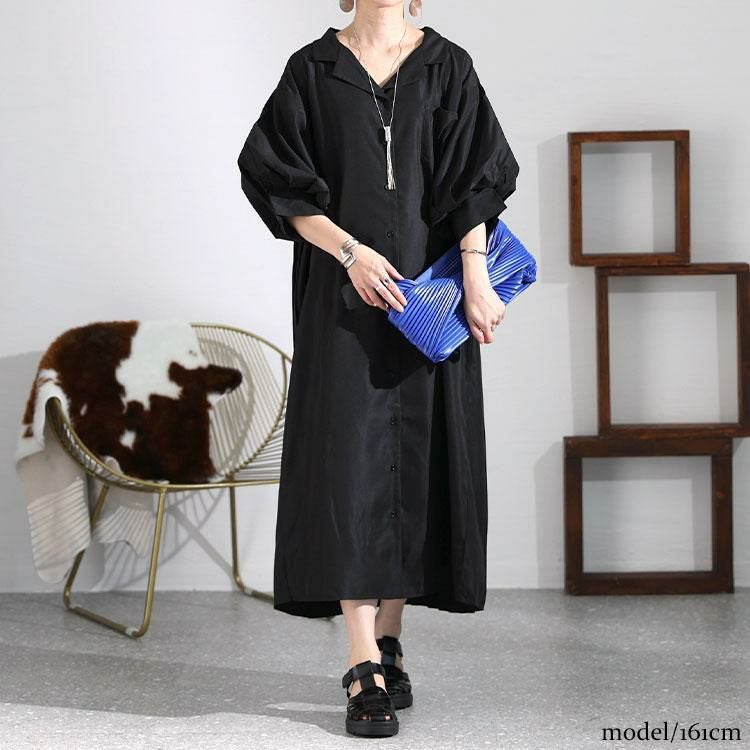 大きいサイズ レディース バックプリーツシャツワンピース　nw-23008 ブラック