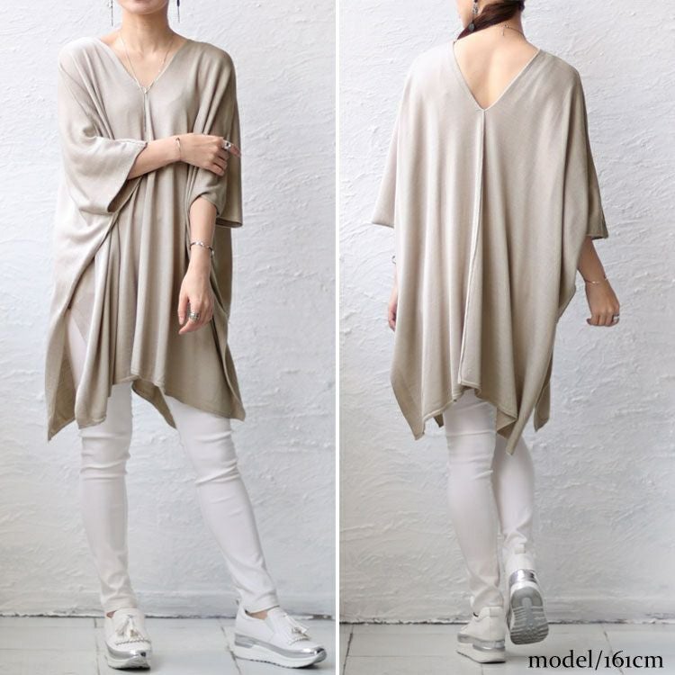 大きいサイズ レディース Vネックニットポンチョチュニック　maru-6664
