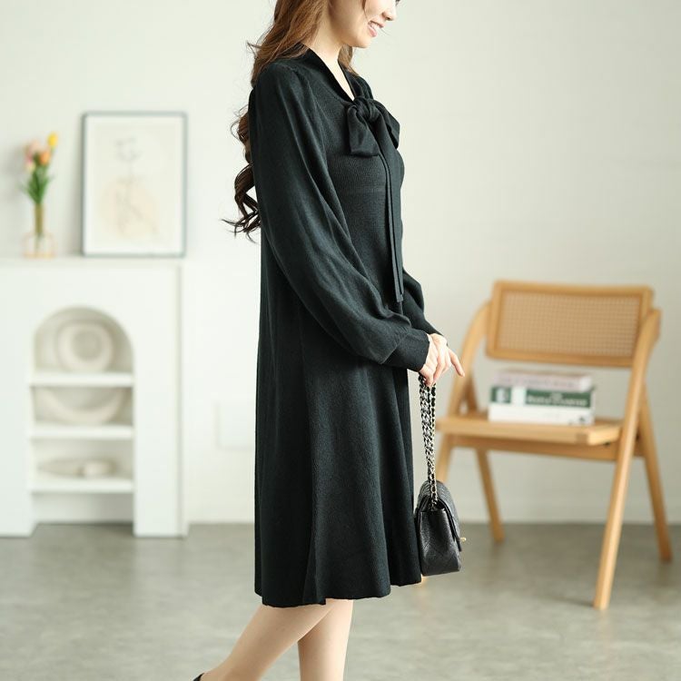 大きいサイズ レディース ボウタイニットワンピース　fem-388