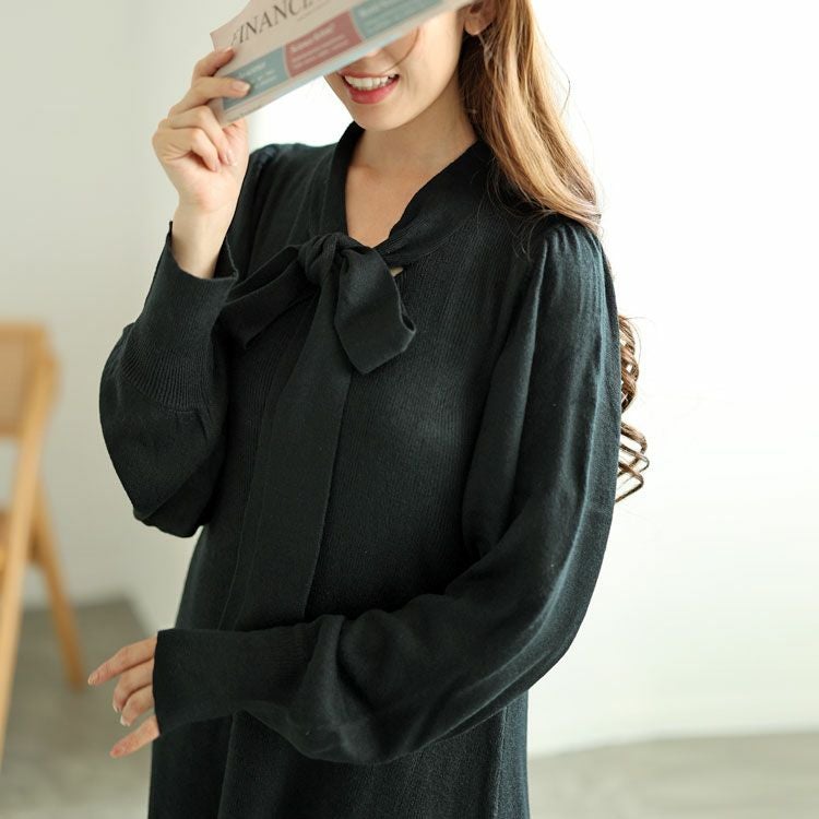 大きいサイズ レディース ボウタイニットワンピース　fem-388