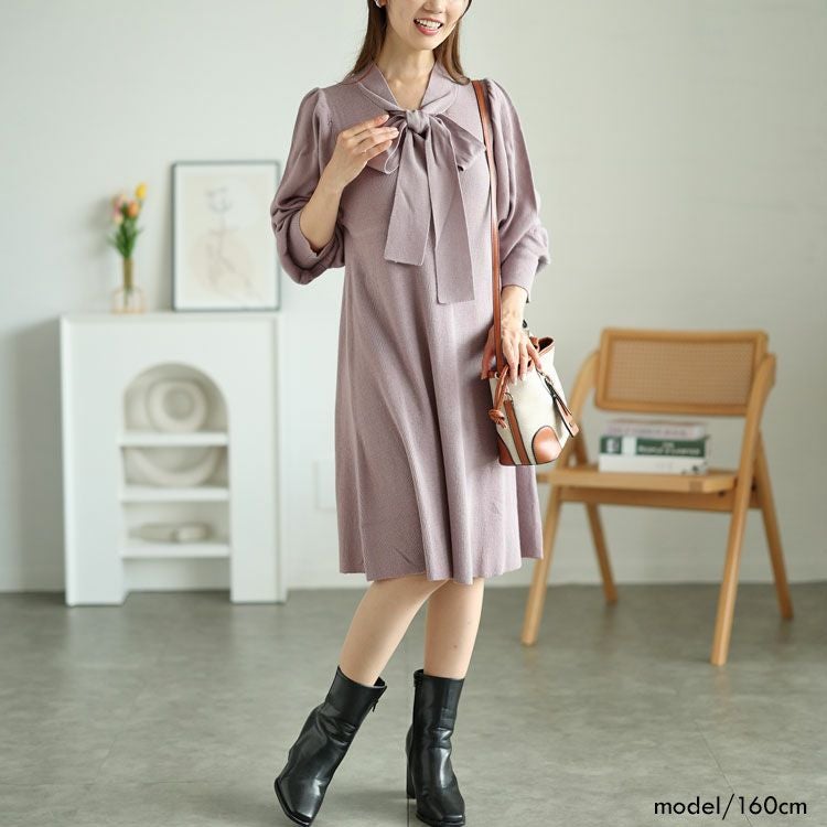 大きいサイズ レディース ボウタイニットワンピース　fem-388
