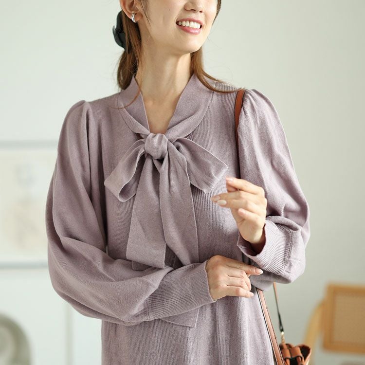 大きいサイズ レディース ボウタイニットワンピース　fem-388