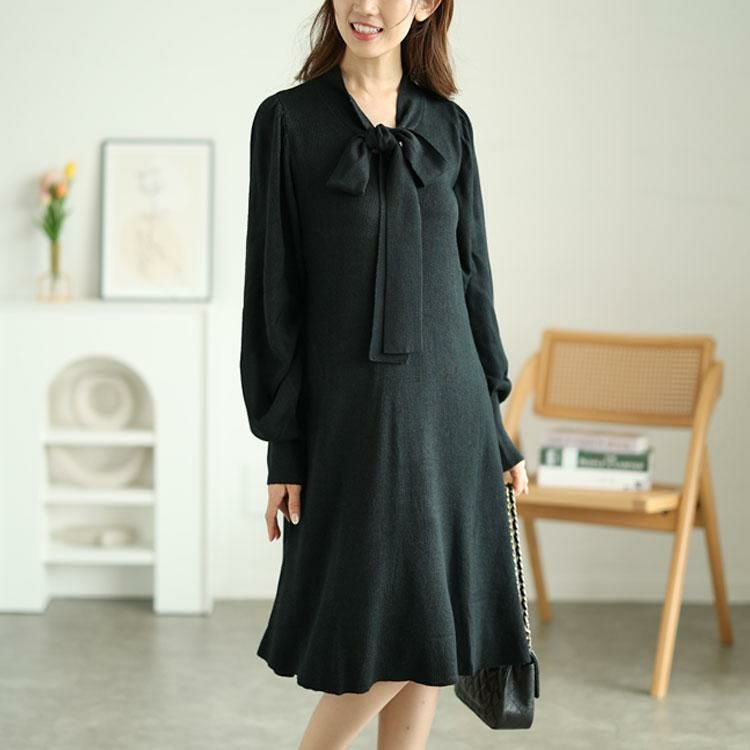 大きいサイズ レディース ボウタイニットワンピース　fem-388 ブラック