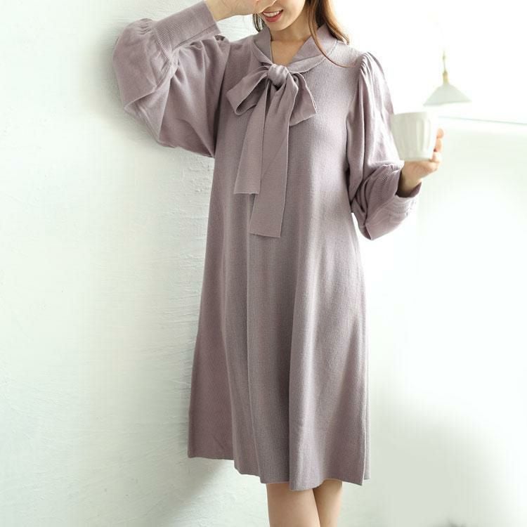 大きいサイズ レディース ボウタイニットワンピース　fem-388 ダークパープル