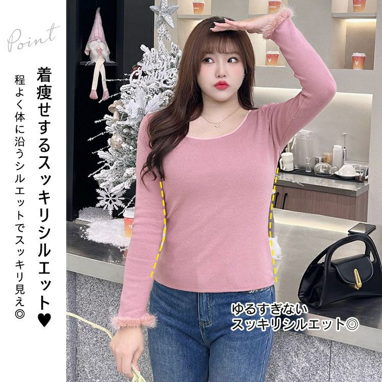 大きいサイズ レディース 袖ファー付きラウンドネックニットトップス　goldy-1364