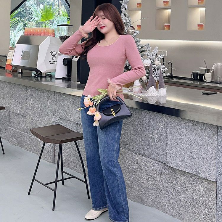 大きいサイズ レディース 袖ファー付きラウンドネックニットトップス　goldy-1364