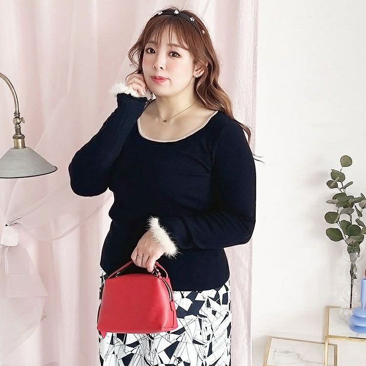 大きいサイズ レディース 袖ファー付きラウンドネックニットトップス　goldy-1364