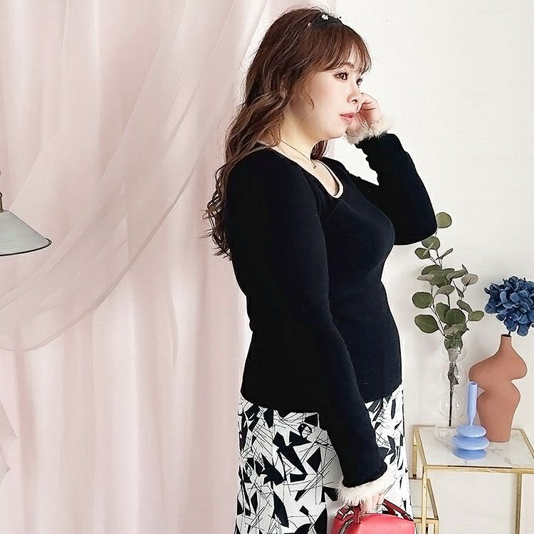 大きいサイズ レディース 袖ファー付きラウンドネックニットトップス　goldy-1364