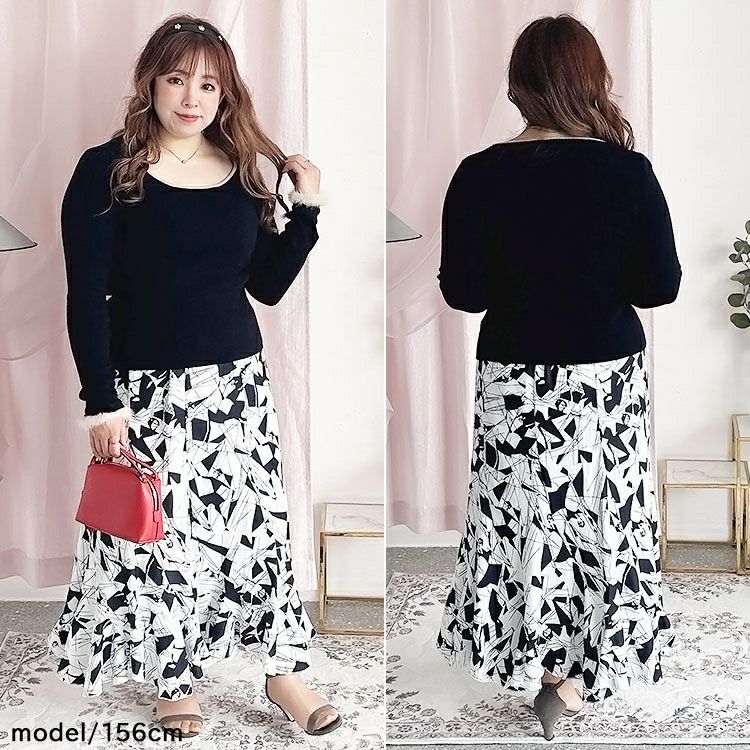 大きいサイズ レディース 袖ファー付きラウンドネックニットトップス　goldy-1364