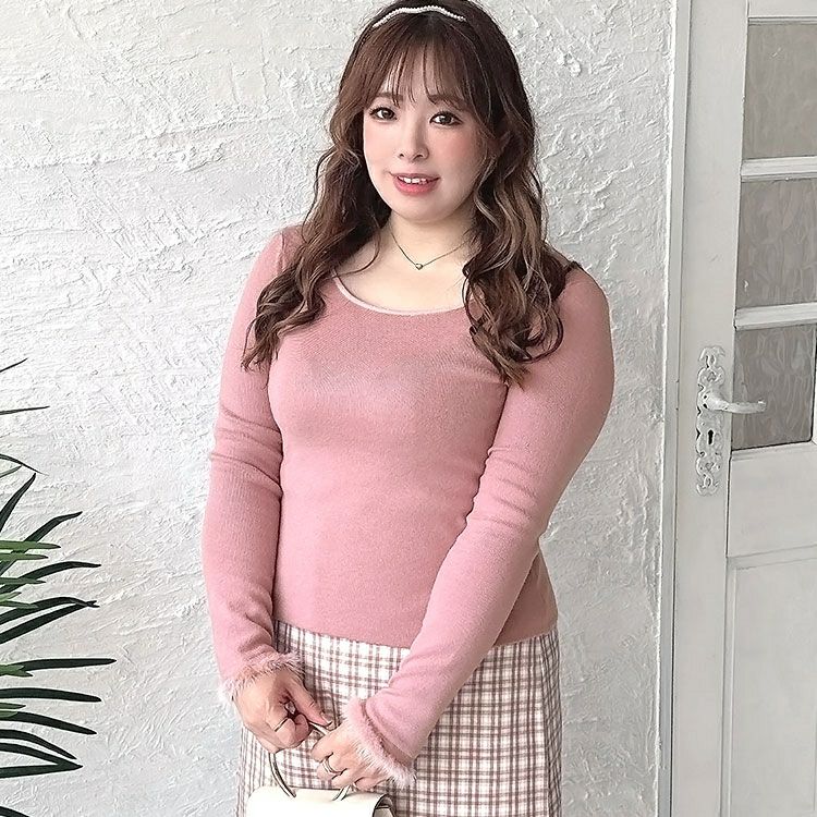 大きいサイズ レディース 袖ファー付きラウンドネックニットトップス　goldy-1364