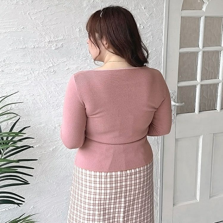 大きいサイズ レディース 袖ファー付きラウンドネックニットトップス　goldy-1364