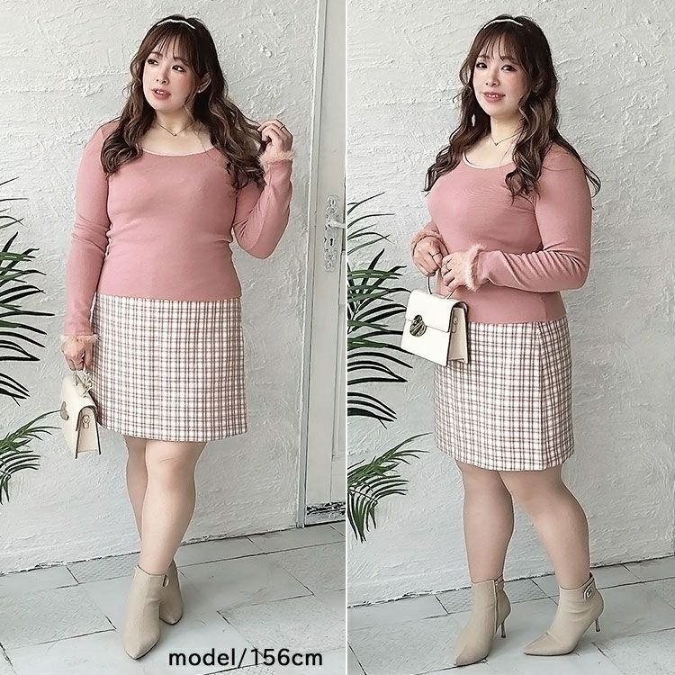 大きいサイズ レディース 袖ファー付きラウンドネックニットトップス　goldy-1364