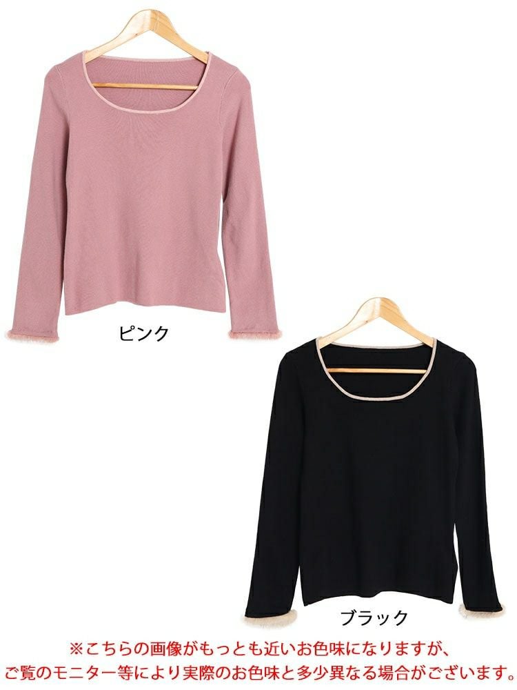 大きいサイズ レディース 袖ファー付きラウンドネックニットトップス　goldy-1364