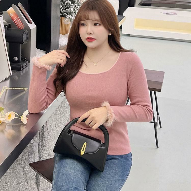 大きいサイズ レディース 袖ファー付きラウンドネックニットトップス　goldy-1364 ピンク