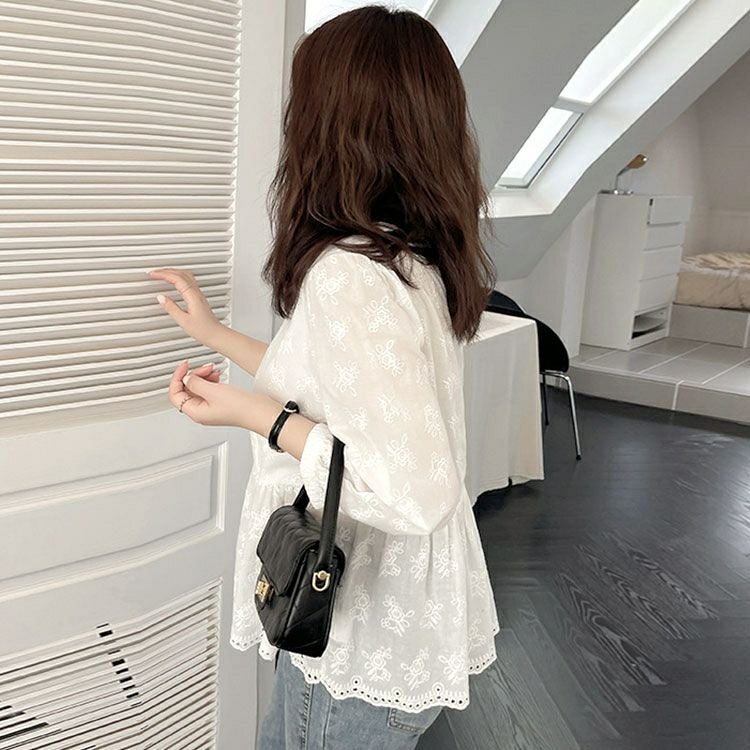 大きいサイズ レディース 花刺繍フレアトップス　goldy-1360 【メール便可】