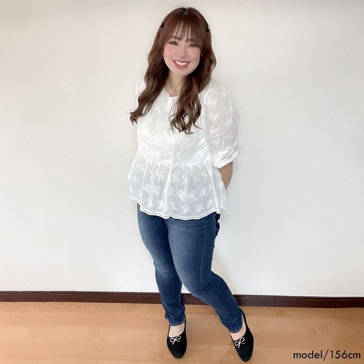 大きいサイズ レディース 花刺繍フレアトップス　goldy-1360 【メール便可】