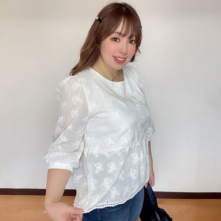 大きいサイズ レディース 花刺繍フレアトップス　goldy-1360 【メール便可】