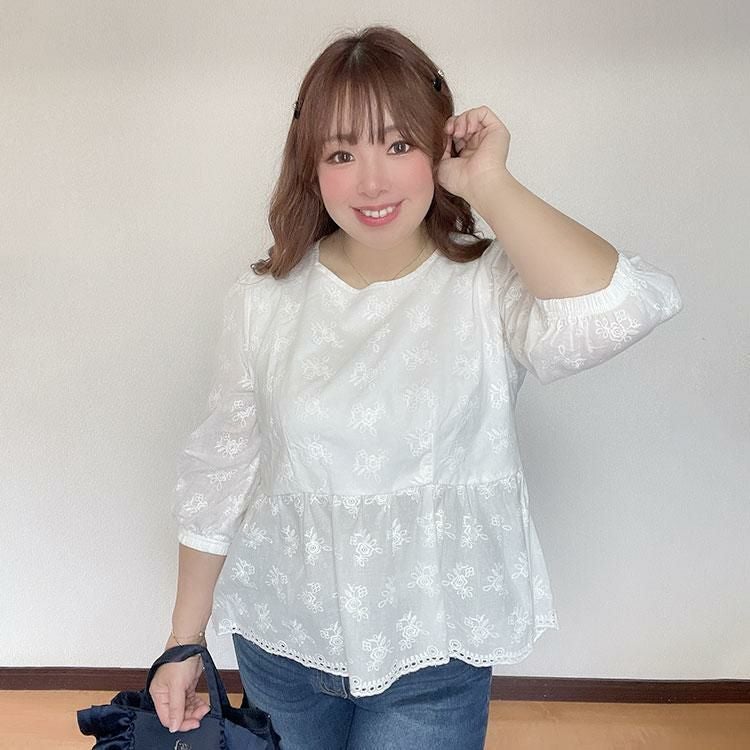 大きいサイズ レディース 花刺繍フレアトップス　goldy-1360 【メール便可】 ホワイト