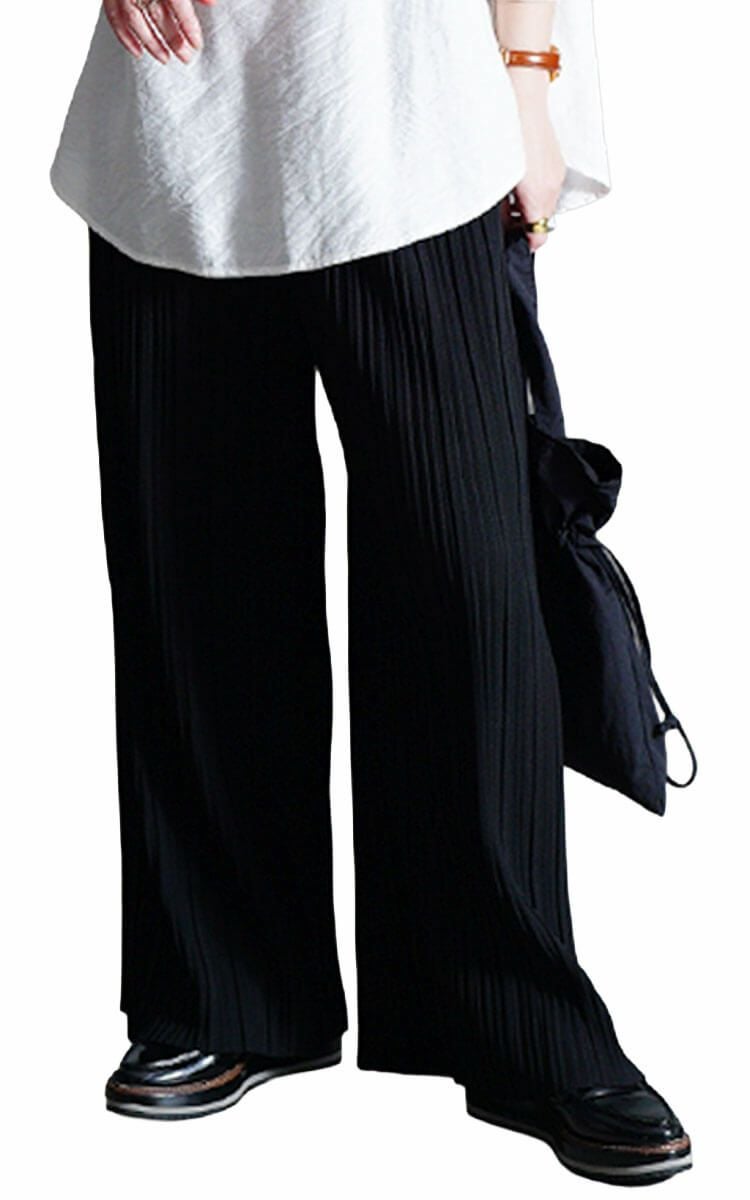 大きいサイズ レディース セルフカットプリーツパンツ　sada-6883 ブラック