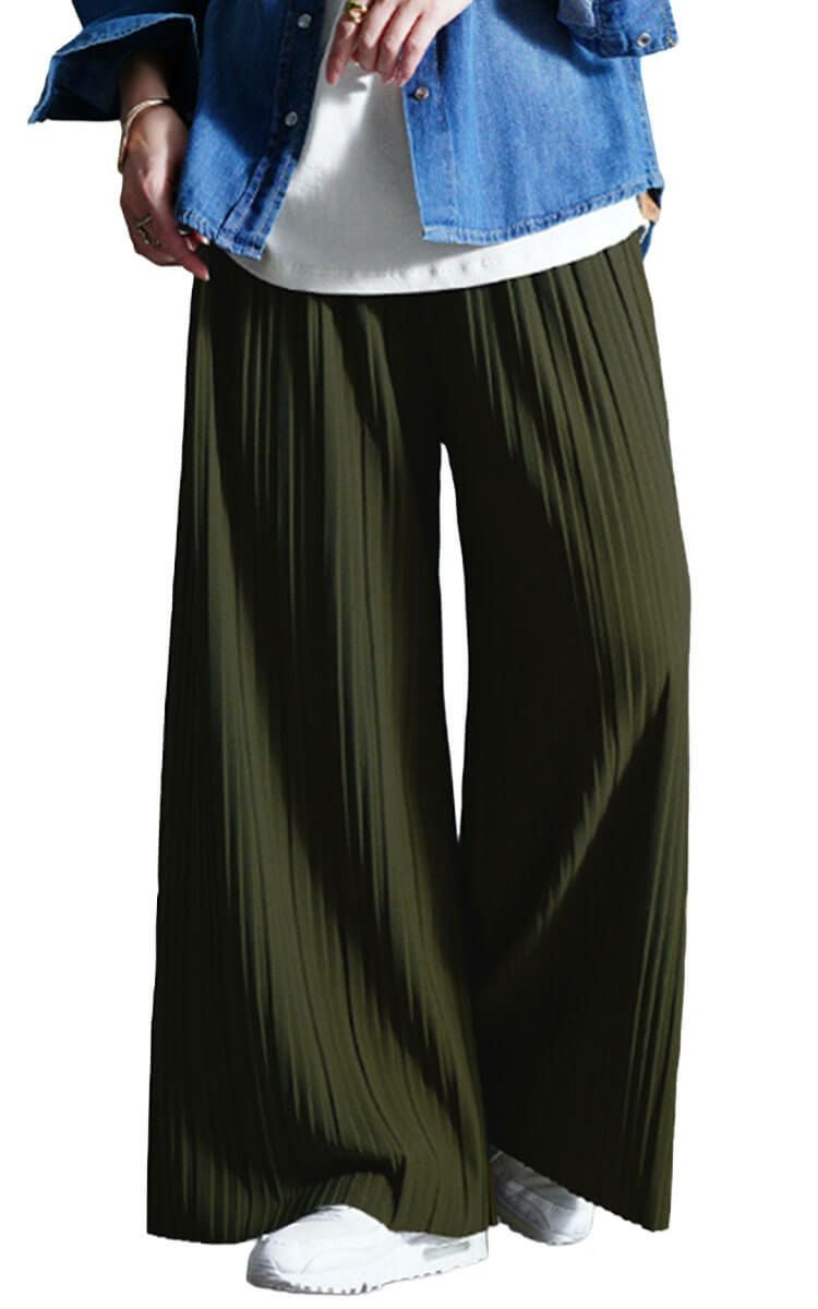 大きいサイズ レディース セルフカットプリーツパンツ　sada-6883 カーキ