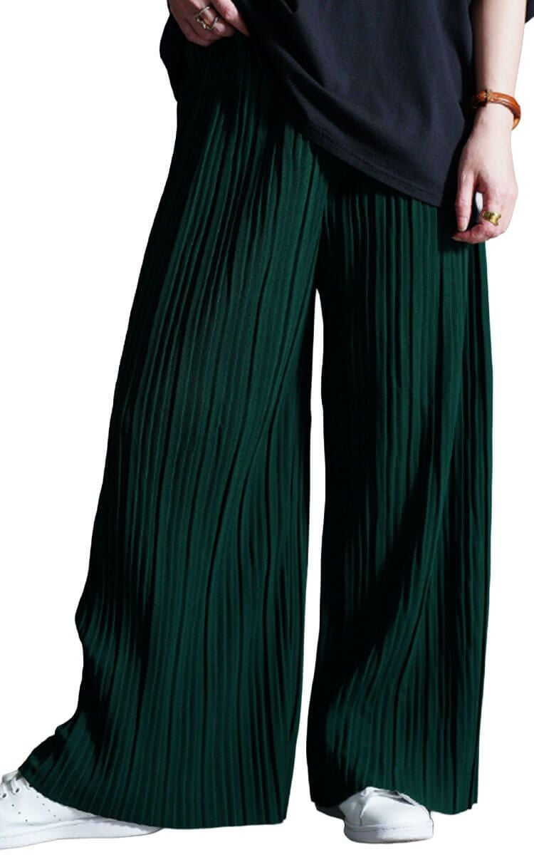 大きいサイズ レディース セルフカットプリーツパンツ　sada-6883 グリーン