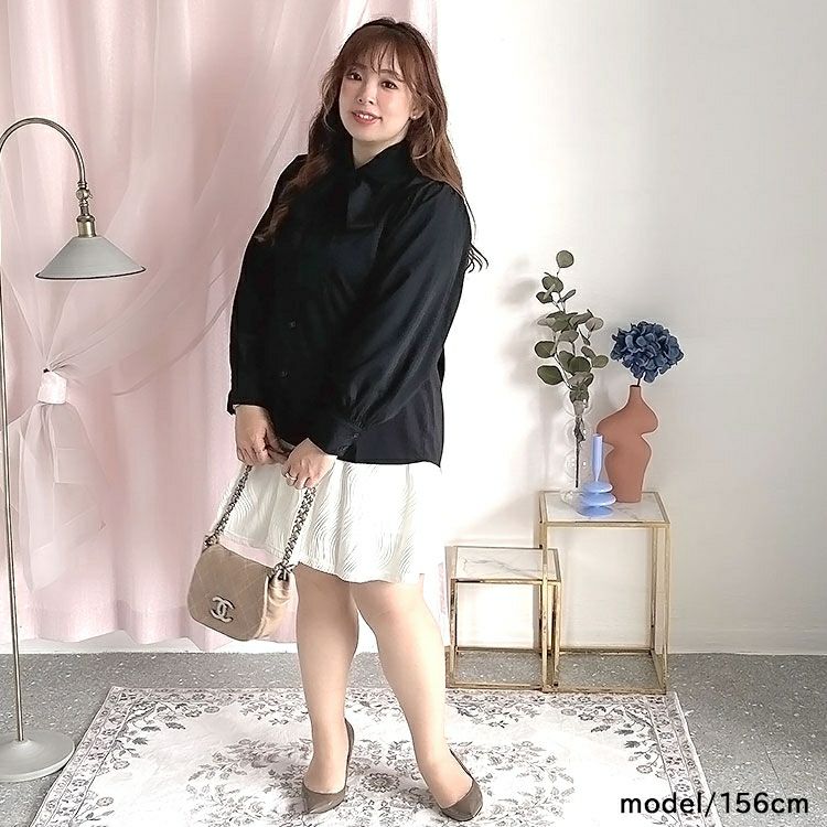 大きいサイズ レディース ボウタイ付きボリュームスリーブブラウス　fem-389