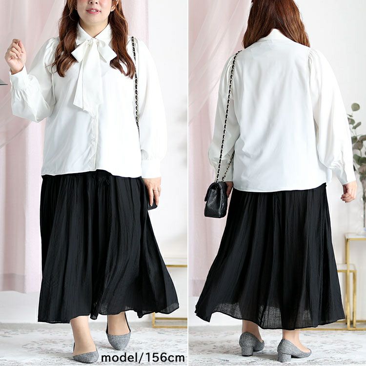 大きいサイズ レディース ボウタイ付きボリュームスリーブブラウス　fem-389