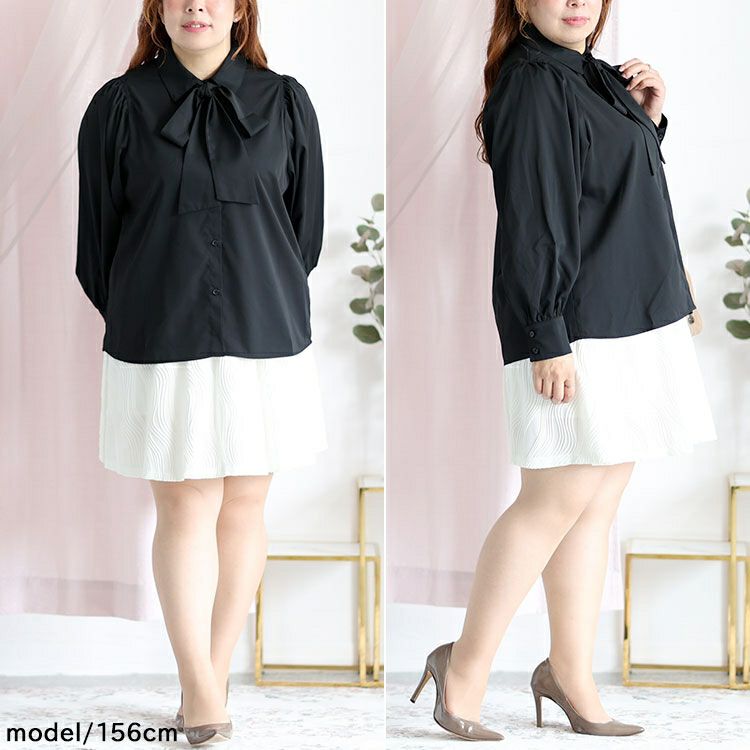 大きいサイズ レディース ボウタイ付きボリュームスリーブブラウス　fem-389